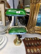 2 brass desk lamps with green glass shades
