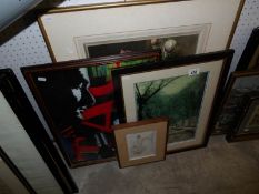 4 framed pictures and prints including floral still life and Tag print