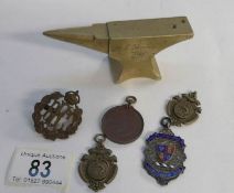 A silver and enamel 1908 fob, 4 other fobs,