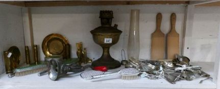 A mixed lot including oil lamp, cutlery,