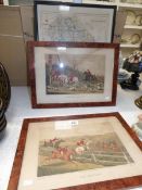 An early hunting map of Lincolnshire and 2 framed hunting prints