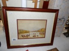 A framed and glazed lake and mountain scene watercolour signed R Layder