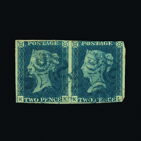 Great Britain - QV (line engraved) : (SG 5e) 1840 2d blue, plate 2, horizontal pair, KK-KL, former
