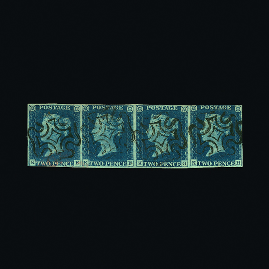 Great Britain - QV (line engraved) : (SG 4) 1840 2d deep full blue, plate 1, horizontal strip of