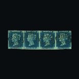 Great Britain - QV (line engraved) : (SG 4) 1840 2d deep full blue, plate 1, horizontal strip of