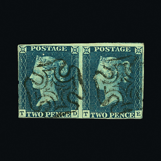 Great Britain - QV (line engraved) : (SG 5) 1840 2d blue, plate 1, horizontal pair TD-TE, margins