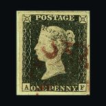 Great Britain - QV (line engraved) : (SG 29) 1840 1d black, plate 1a, AF, 4 margins (very close at