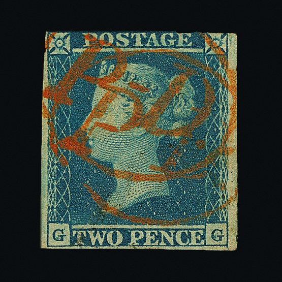 Great Britain - QV (line engraved) : (SG 14) 1841 2d blue, plate 4, GG, 3½ margins, with two 'P-D'