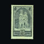 France : (SG 472) 1929 Reims Cathedral 3F slate T. I & II fresh um plus T.III mm (slight toning to