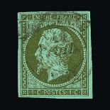 France : (SG 43) 1853-61 1c bronze-green/bluish, cds cancel, fresh, fine used. Cat £130 (image