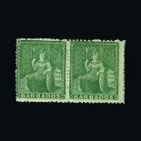 Barbados : (SG 17 Pair) 1861 QV  Clean-cut Perf. 14 x 15½, No Wmk. (½d) Deep-Green, in horizontal