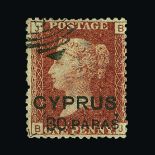 Cyprus : (SG 10) 1881 on GB 30pa on 1d, plate 217, BJ, light corner postmark, fresh, torn perf at