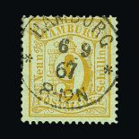 German States - Hamburg : (SG 9) 1864 Numeral issue 9s yellow vfu example of this very uncommon