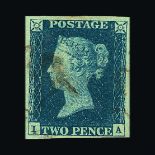 Great Britain - QV (line engraved) : (SG 4) 1840 2d deep full blue, plate 2, IA, 4 small to mostly