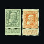 Belgium : (SG 99-104a) 1905-8 Heads with Sunday labels. 10c Rose-Red, 20c, 25c x 2 shades, 35c, 50c,