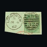 Great Britain - QV (surface printed) : (SG 73) 1855 1s pale green wmk emblems on piece with London