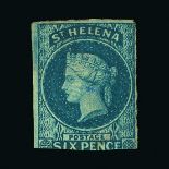 St. Helena : (SG 1) 1856 QV  6d Blue, IMPERF. 3 margins, cut into design at base. Unused-no gum.