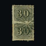 Brazil : (SG 33var) 1866 30r black perf 13½, a vertical pair imperf between, very nicely used with