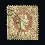 Austria : (SG AH57) 1867 (1 SEP) Head, perf.12, 50k Type I, Brownish-Rose. F.u. Parts of two c.d.