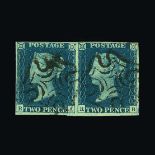 Great Britain - QV (line engraved) : (SG 4) 1840 2d deep full blue, plate 2, horizontal pair, RA-RB,