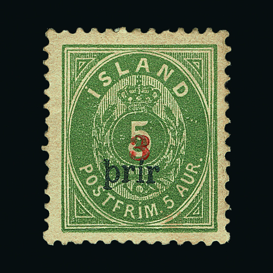 Iceland : (SG 39) 1897 prir opt 3a on 5s green large letters & number P12½ m.m. Cat £900 (image
