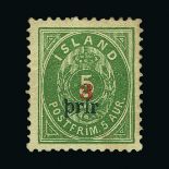 Iceland : (SG 39) 1897 prir opt 3a on 5s green large letters & number P12½ m.m. Cat £900 (image
