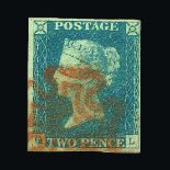 Great Britain - QV (surface printed) : (SG (6)) 1840 2d milky blue, plate 1, QL, 4 small to large
