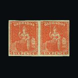 Barbados : (SG 32a) 1870 QV No Wmk. 6d Dull Orange-Vermilion. Horizontal pair IMPERF. 3 large even