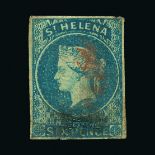 St. Helena : (SG 1) 1856 QV PB Wmk Star 6d blue 4 margin with red cancel & smudgy black cancel but