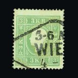 Austria : (SG 24a) 1859 Head 3k Blue-Green, Perf. 15, Type II. F.u. Diamond shaped WIEN cancel.