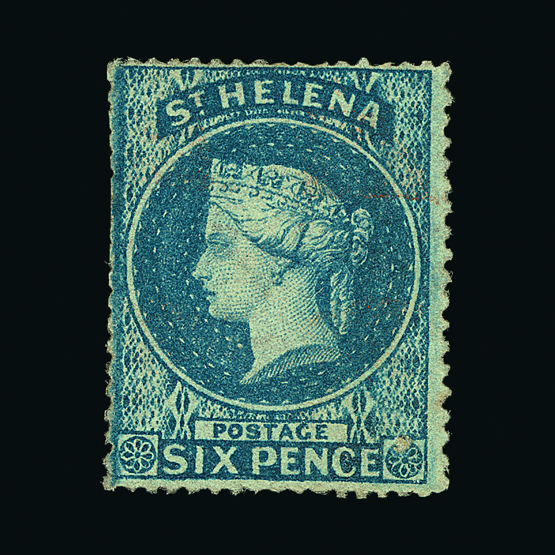 St. Helena : (SG 2) 1861 clean-cut perf 6d blue, clipped perfs at upper left, fresh unused.  Scarce.