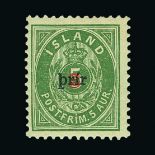 Iceland : (SG 38) 1897 prir opt 3a on 5s green small letters & number P12½ m.m. Cat £650 (image