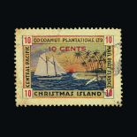 Christmas Island : 1934 FORERUNNER LABEL Cocoanut Plantations Ltd 10c on 10c, surcharged in carmine,