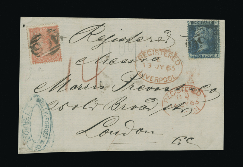 Great Britain - Covers - QV : (SG 47,82) 1865 Registered cover from franked 1858 2d plate 9 (TJ) and