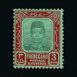 Malaya - Trengganu : (SG 16) 1910-19 Sultan $3 green and red/green fresh mint, part original gum Cat
