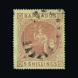 Barbados : (SG 64) 1873 5s dull rose used, one rounded corner, scarce Cat £300 (image available) [