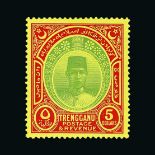 Malaya - Trengganu : (SG 44) 1921 Sultan Script CA $5 green & red on yellow m.m. well centred Cat £