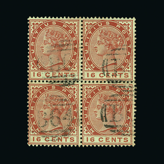 Seychelles : (SG Z59) 1883-90 16c chestnut of Mauritius block of four with B64 pmks, one has a light