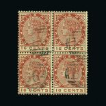 Seychelles : (SG Z59) 1883-90 16c chestnut of Mauritius block of four with B64 pmks, one has a light