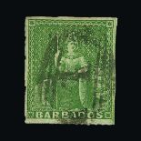 Barbados : (SG 13) 1860 pin-perf 14 (½d) yellow-green, v.g.u.  Scarce. Cat £425 (image available) [