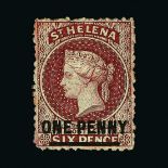 St. Helena : (SG 7) 1868 QV  Wmk. Crown CC, Perf.12½."ONE PENNY" Type B surcharge on 6d. Unused-no