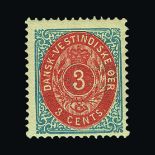 Danish West Indies : (SG 14a) 1876 (Mar) Defin. FRAME INVERTED, Perf.14 x 13½. 3c Carmine & Blue.