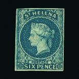 St. Helena : (SG 1) 1856 imperf 6d blue, 4 smallish neat margins, fine used. Cat £500 (image