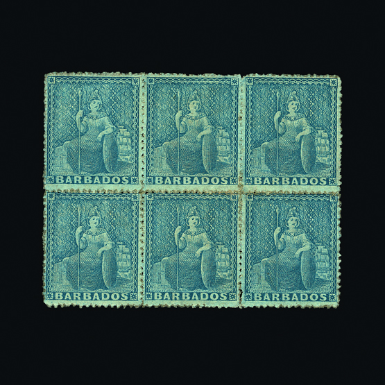 Barbados : (SG 23) 1861-70 1d blue mint block of six, light gum creasing Cat £480 (image