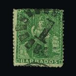 Barbados : (SG 13) 1860 QV  Pin-Perf.14, no wmk. (½d) Yellow-Green, f.u. "1" in oval sunburst