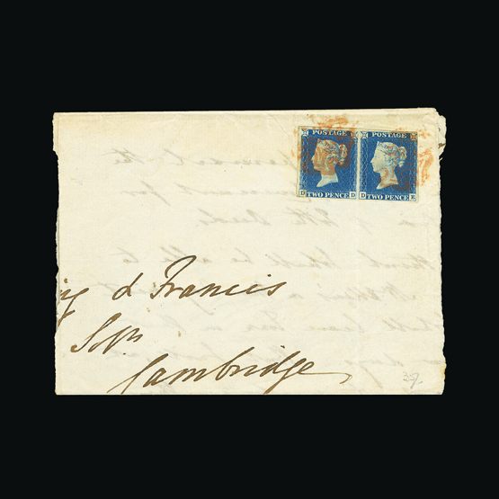 Great Britain - Covers - QV : (SG 5) 1840 2d blue, horizontal pair DD-DE, just about clear at