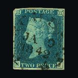 Great Britain - QV (line engraved) : (SG 5h) 1840 2d blue, plate 2, NJ, 4 margins, small NW corner