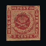 Danish West Indies : (SG 3) 1855 Wmk.Crown, 3c Deep Brownish-Crimson, with deep Brown gum. 4 good to