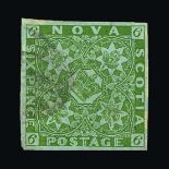 Canada - Nova Scotia : (SG 5) 1851 6d yellow-green on blued paper imperf with 4 good even margins