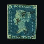 Great Britain - QV (line engraved) : (SG 5) 1840 2d blue, plate 1, RD, 4 very good margins, neat